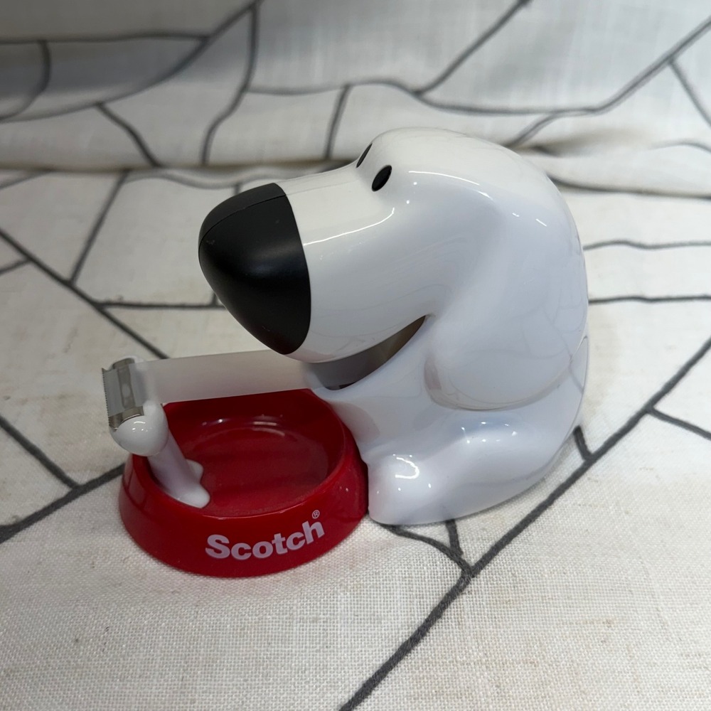 Scotch Dog Tape Dispenser Small White Red Bone Bowl Novelty Office Desk Decor